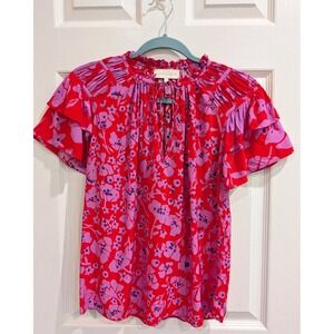 Caballero Collection Womens Kelsie Ruffle Vibrant Floral Blouse XS Euro Summer